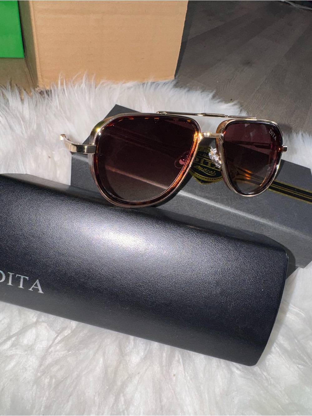 DITA Gold Frame Brown Tortoiseshell Aviator Sunglasses for Men